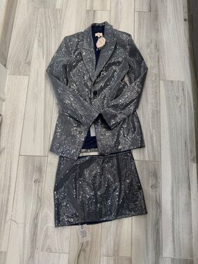 Camila Coelho Silver Sequin Blazer & Skirt Set